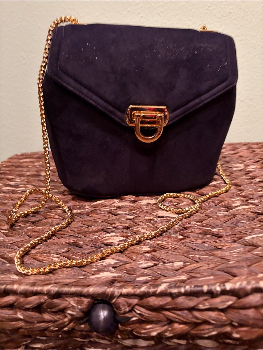Navy Suede Crossbody with Gold Chain and Signature Clasp